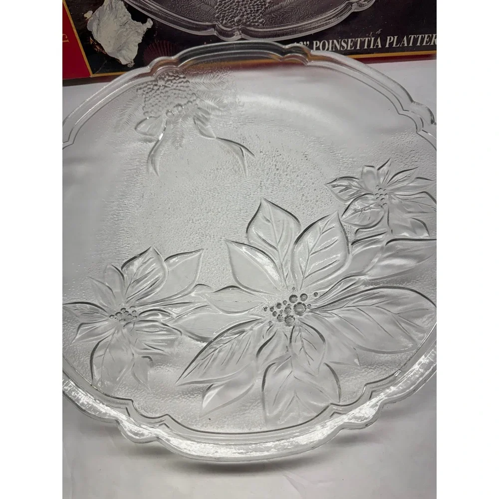 Elements 13 Poinsettia Platter Clear Glass Christmas Serving Plate Vintage 1995